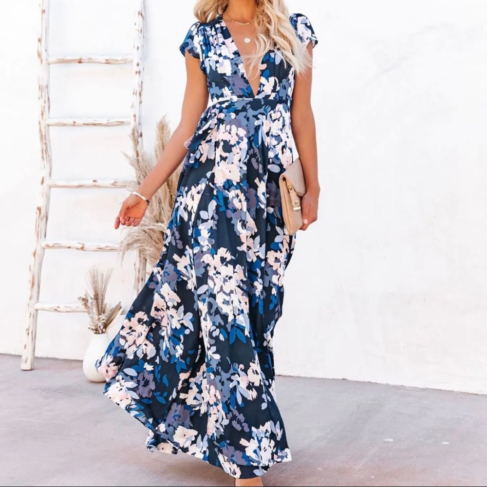 VICI Hillsdale Blue Maxi Floral Wrap Dress